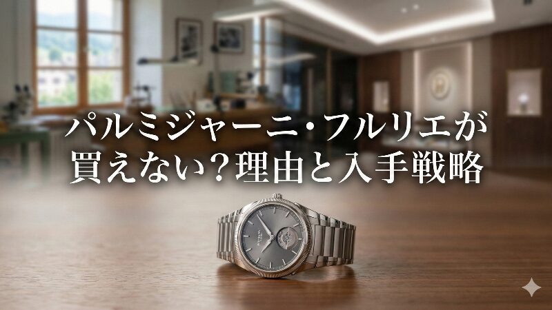 パルミジャーニ・フルリエのトンダPF腕時計が、スイスの工房と銀座ブティックを背景に、少し手の届かない場所に置かれている