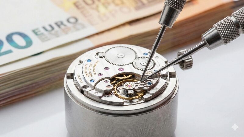 繊細な時計のムーブメントと、背景にぼやけて写る高額な紙幣の束