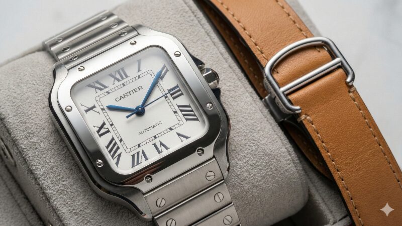 レザーストラップとブレスレットが添えられたサントス ドゥ カルティエ MM