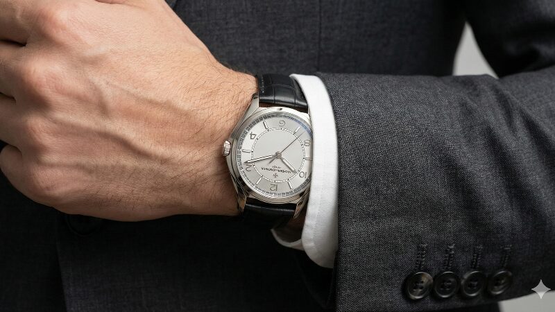 スーツを着た男性の腕元で、袖口からヴァシュロン・コンスタンタン フィフティーシックスのシルバー文字盤が見えている