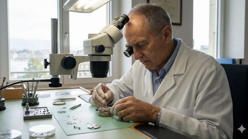 スイスの時計工房で、熟練の時計職人が顕微鏡を使いながら手作業でムーブメントを組み立てている様子