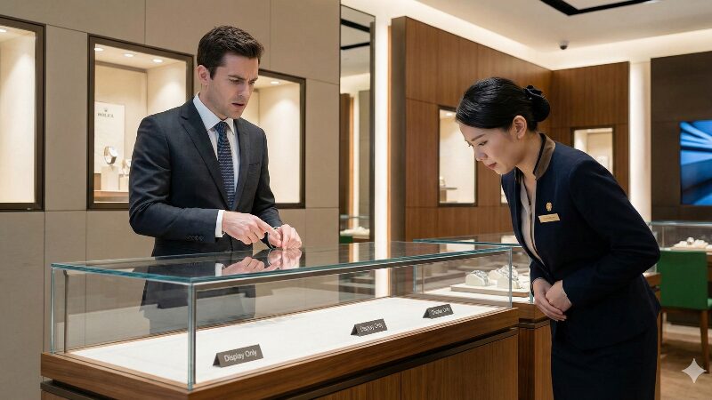 高級時計ブティックで在庫のない空のショーケースを見て困惑する顧客と、申し訳なさそうに対応するスタッフの様子