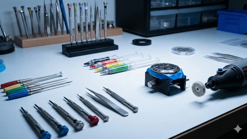 作業台に並べられたダイヤモンドペーストとルーター、保護された時計