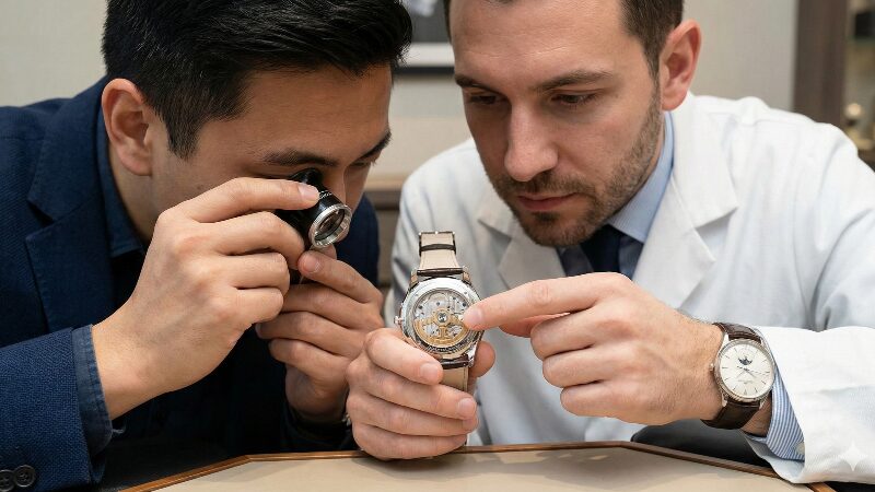 信頼できる高級時計専門店で、状態の良い中古のジャガー・ルクルト（マスターシリーズ）をルーペで確認