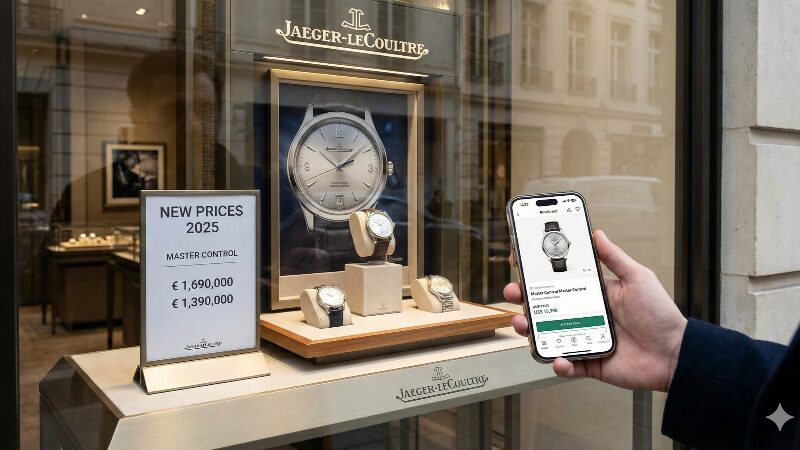 ジャガー・ルクルトのブティックのウィンドウに掲示された新しい価格表と、その前を通り過ぎる人々