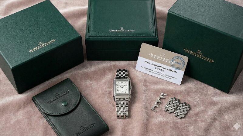 ジャガー・ルクルトの時計（レベルソ）と、その横に完備された国際保証書、純正ボックス、余りコマがきれいに並べられている様子