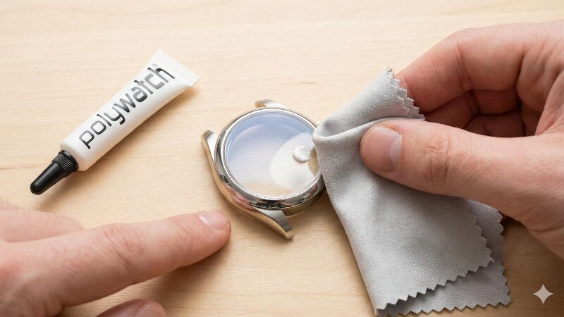 Polywatchとクロスを使って時計のガラスを磨きコーティングを除去する様子