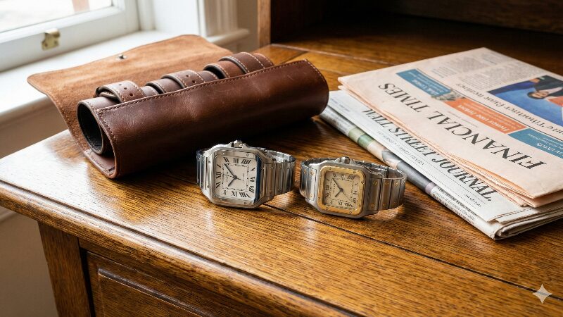 高級な木製デスクの上に並べられた現行モデルとヴィンテージのサントスウォッチ