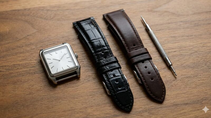 時計本体の横に、交換用の高級な黒のアリゲーター革ベルトとダークブラウンの革ベルト