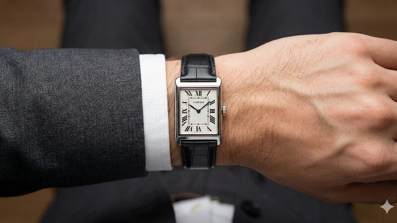 男性の手首に、幅26mm程度のレクタンギュラー時計が完璧なバランスで収まっている