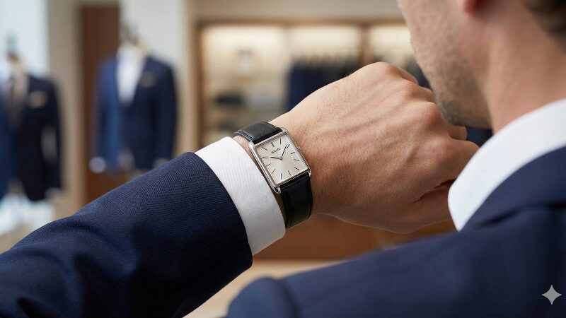 男性がシャツの袖口から薄型のレクタンギュラー時計を覗かせ、サイズ感やフィット感を確認している