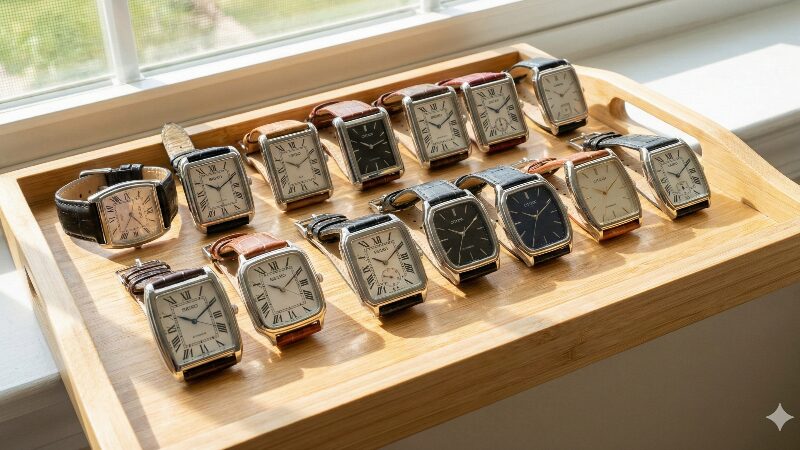 明るい自然光の下、様々なブランドの角型時計が並べられ、そのデザインの多様性と美しさを比較