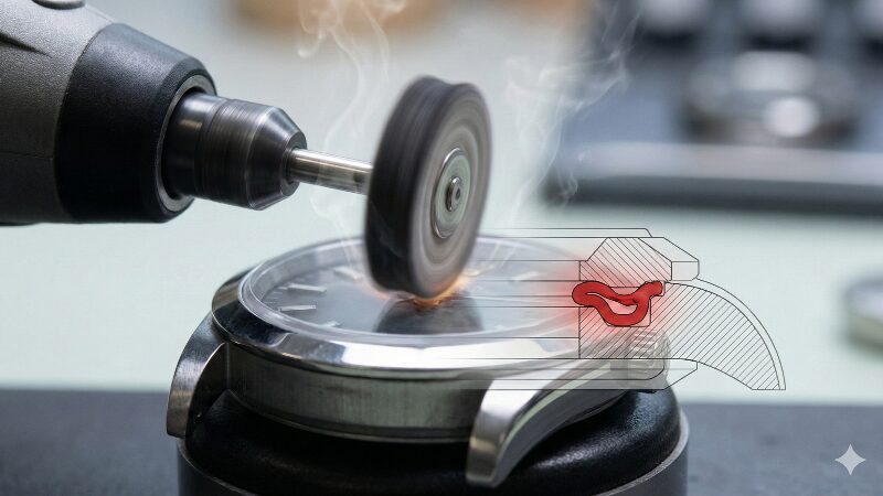 ルーターでの研磨作業と摩擦熱による防水パッキンへの影響を示すイメージ