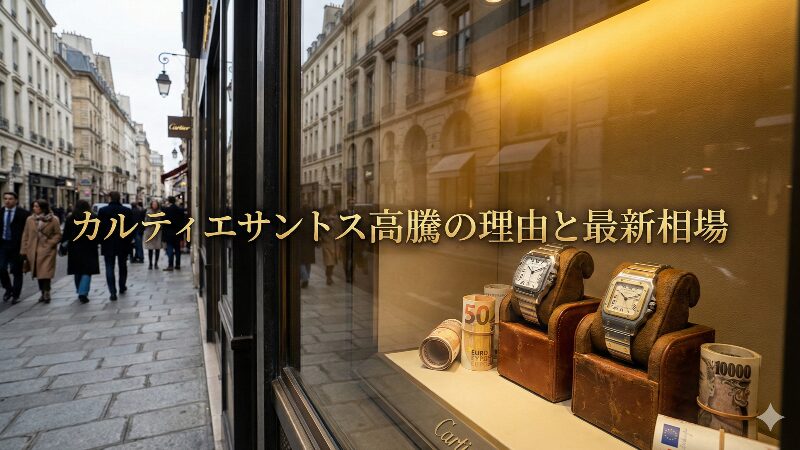 カルティエのブティックのショーウィンドウに飾られた新旧のサントスウォッチ