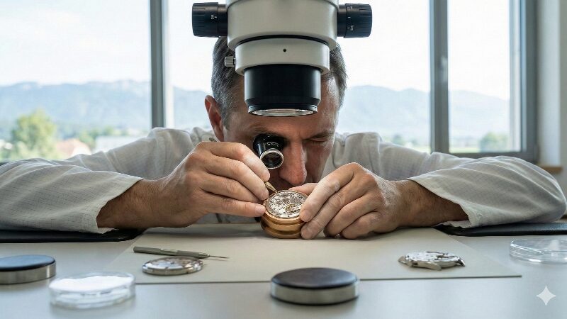 熟練した時計職人が、スイスの工房で顕微鏡を使いながらパルミジャーニ・フルリエのムーブメントに繊細な手作業による面取り仕上げを施している