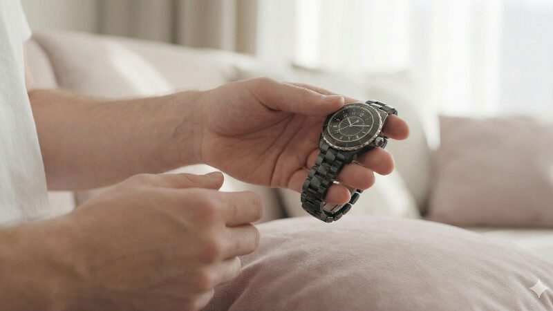 柔らかな光の中、ソファに座り慎重に時計を外す手元のクローズアップ