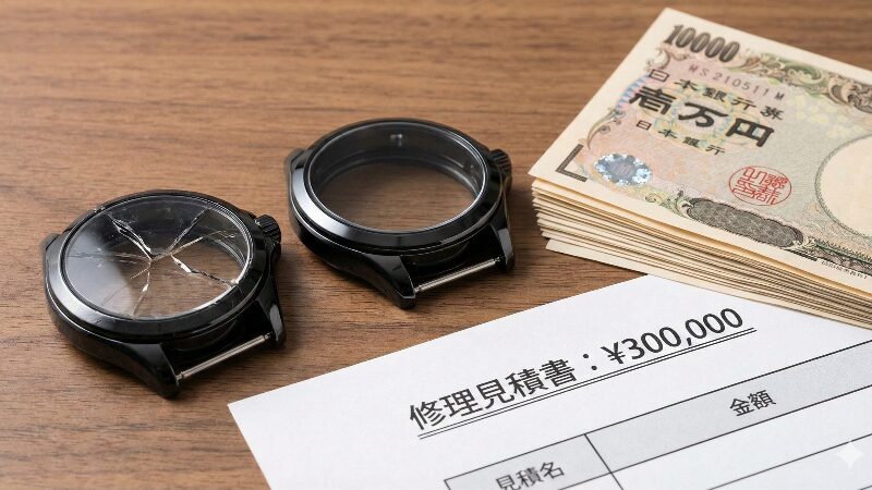 割れたケース、新品のケース、1万円札の札束、そして「¥300,000」の見積書