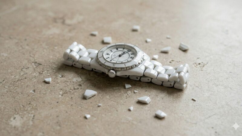 バスルームの硬いタイル床の上で真っ二つに割れた白いセラミック時計