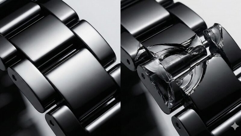 無傷の美しいブレスレットリンクと、鋭利に割れた断面の対比を捉えたマクロ写真