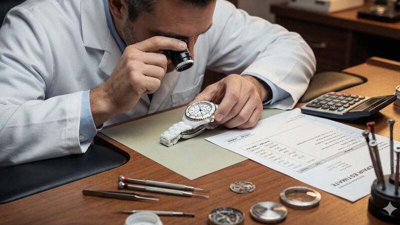 修理工房で技術者が割れた時計を検査