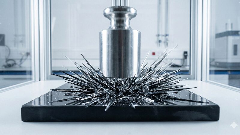 科学実験室でセラミックのテストピースに金属の重りが落下