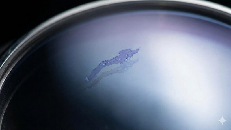 時計のガラス表面のコーティングが青紫色に剥がれているマクロ写真