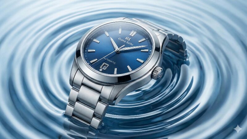 流れるような曲線デザインを持つ最新のステンレス製高級腕時計と水の波紋