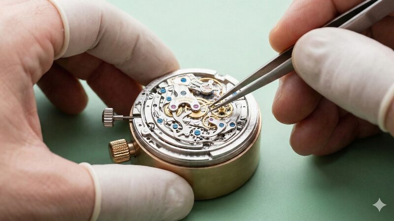 明るい工房で複雑な時計ムーブメントを組み立てる熟練職人の手元