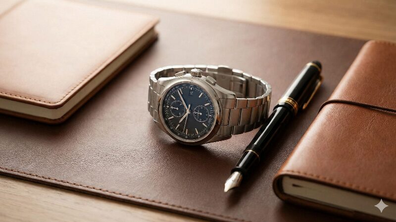 書斎のデスク上に置かれた高級腕時計と万年筆、資産価値を計算するイメージ