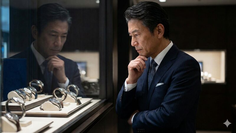 高級時計店のショーケースの前で腕時計選びに悩むスーツ姿の日本人男性