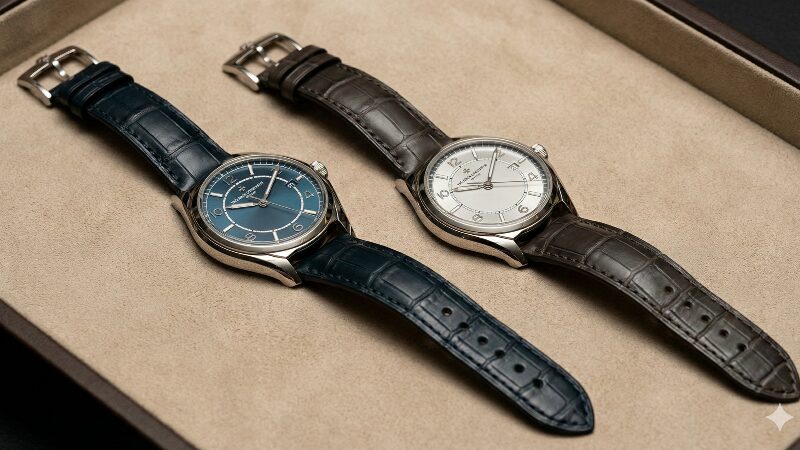 高級なレザートレイの上に並べられた、ヴァシュロン・コンスタンタン フィフティーシックスの青文字盤とシルバー文字盤