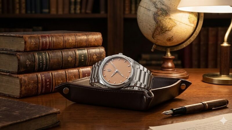 落ち着いた書斎のデスクの上に、革張りの古書やアンティークな地球儀と一緒に、パルミジャーニ・フルリエの時計が大切に置かれている