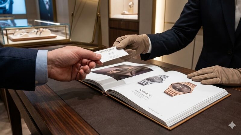 高級時計ブティックのカウンターで、顧客が自分の名刺をスタッフに丁寧に渡している手元のクローズアップ