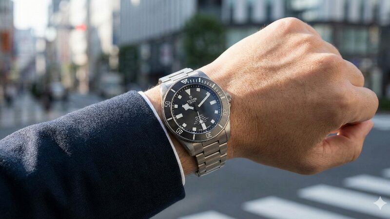 都心のビル群を背景に、ペラゴス39を腕に巻いて自信を持って歩く男性の腕元