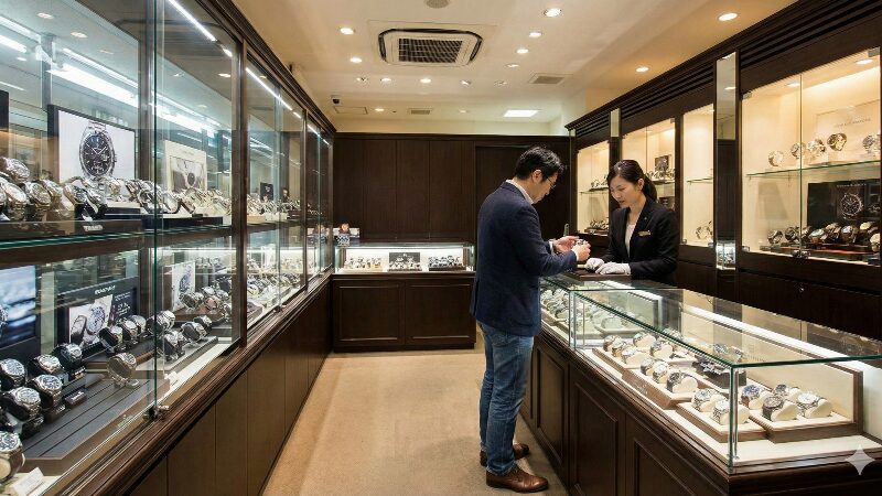 中野ブロードウェイのような時計専門店が並ぶ通路