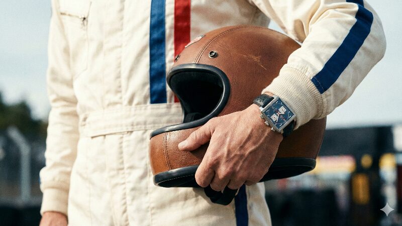 1970年代のレーシングスタイルを彷彿とさせる、右腕にモナコを着けたイメージ