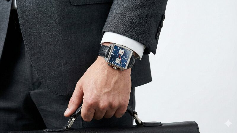 高級スーツの袖口からチラリと覗くタグホイヤーモナコ