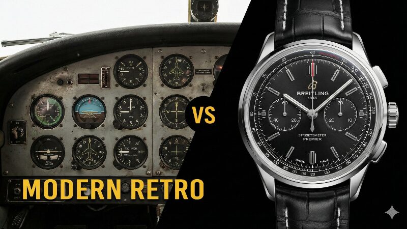 クラシックな航空計器と最新のブライトリングの腕時計が並ぶ