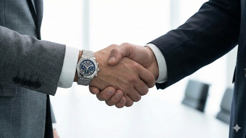 商談の場で握手を交わすビジネスマンの袖口から見えるブライトリングの腕時計
