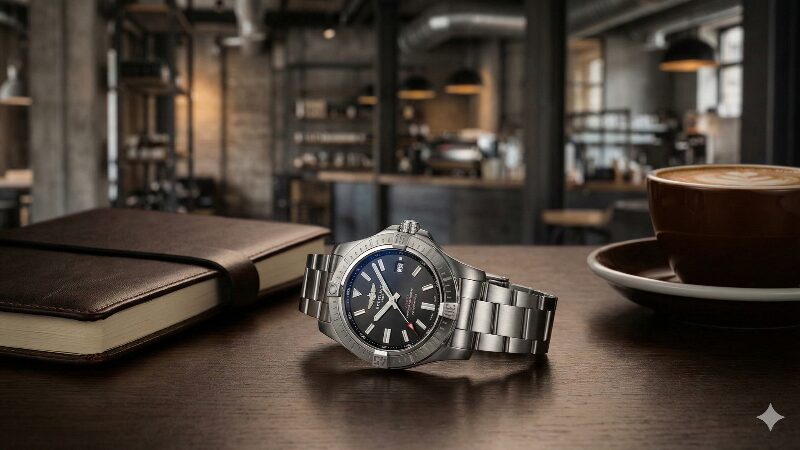 カフェのテーブルに置かれたブライトリングの腕時計