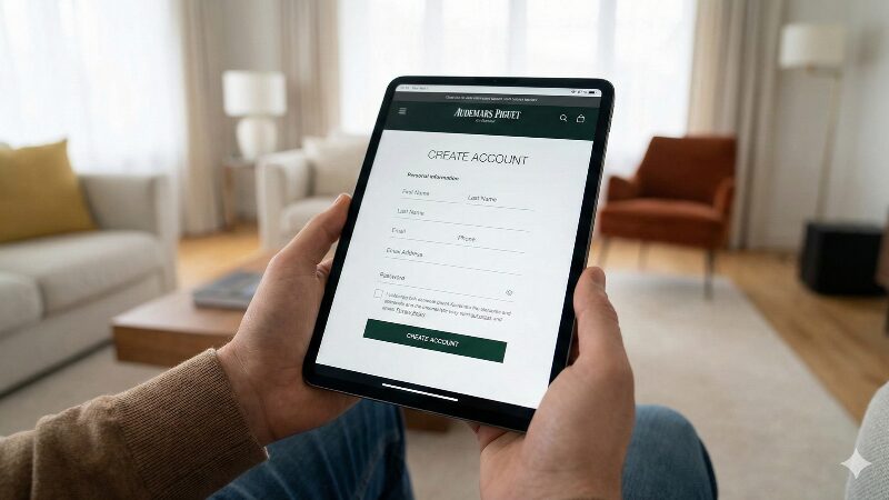 タブレット端末の画面に表示された、オーデマ ピゲ公式サイトのアカウント作成ページ
