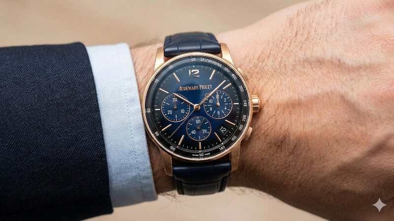 ビジネススーツの袖口から見える、オーデマ ピゲ CODE 11.59 クロノグラフ（青文字盤・ローズゴールド）のリストショット