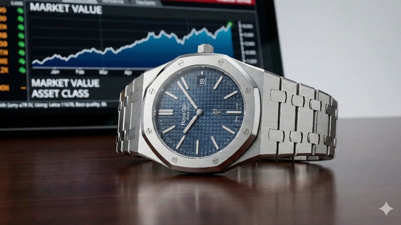 デスクに置かれたロイヤルオーク「ジャンボ」と、背景にある市場価値の上昇を示す金融グラフの画面