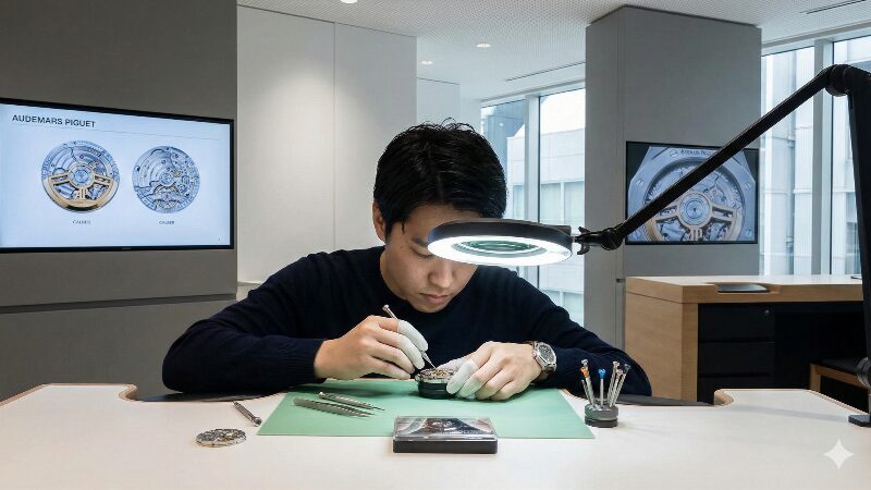 原宿にあるAP LAB Tokyoの内部で、参加者が時計師の道具を使って機械式ムーブメントの組み立て体験をしている様子