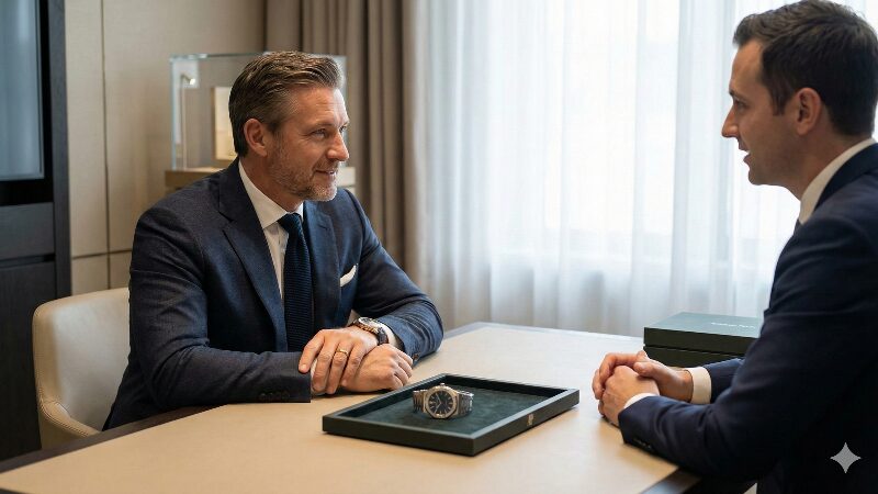 高級なオーデマ ピゲのブティックのVIPルームで、スーツを着た男性客が販売員と笑顔で対話し、CODE 11.59を試着している様子