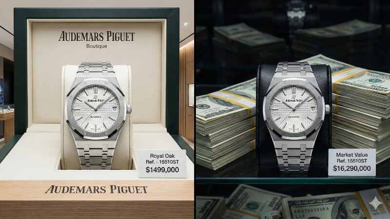 左側は正規店の定価表示があるロイヤルオーク、右側は札束と共に高額な中古価格が表示されたロイヤルオーク