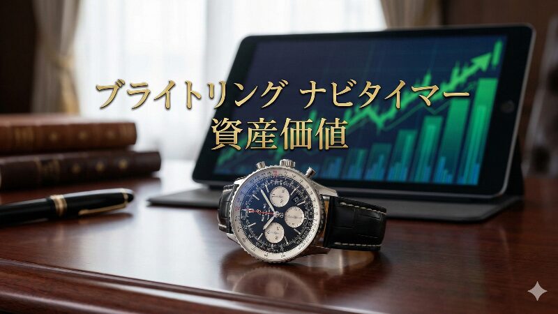 高級感のあるデスクに置かれたブライトリングのナビタイマーと市場の推移をイメージさせるグラフ