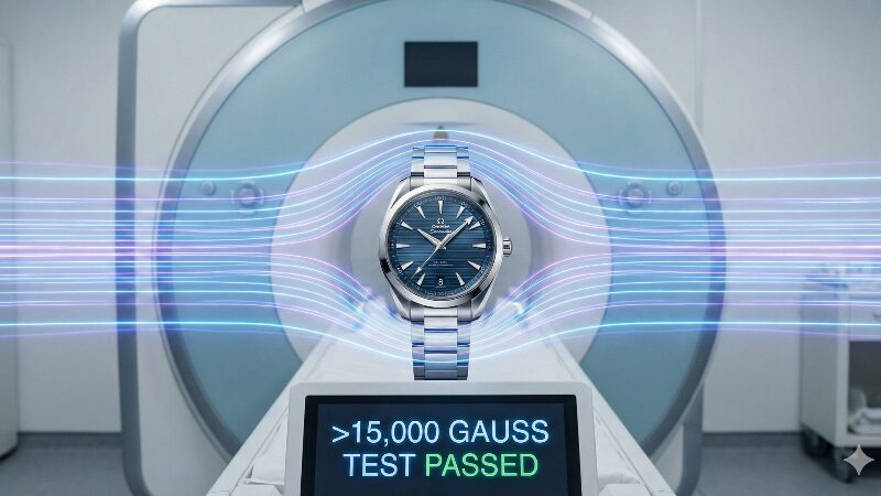医療用MRI装置の前に置かれたオメガの時計