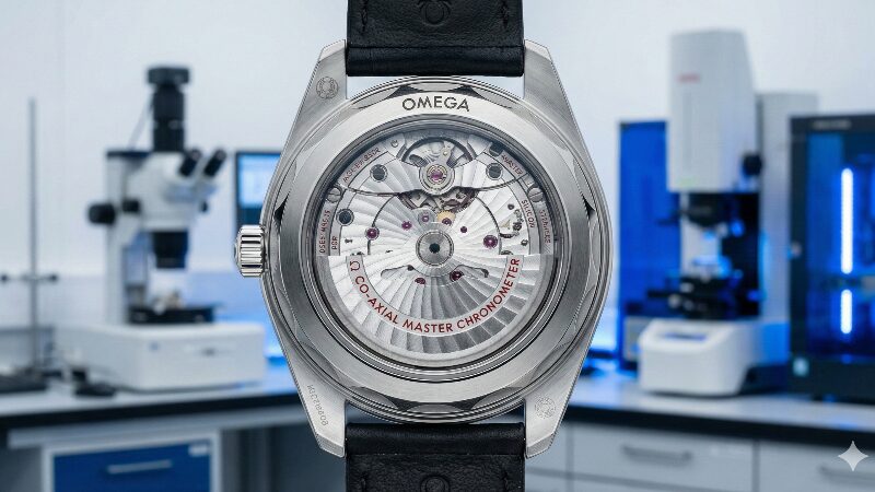 ハイテクな研究所で撮影された、オメガのマスターコーアクシャルムーブメントのクローズアップ写真