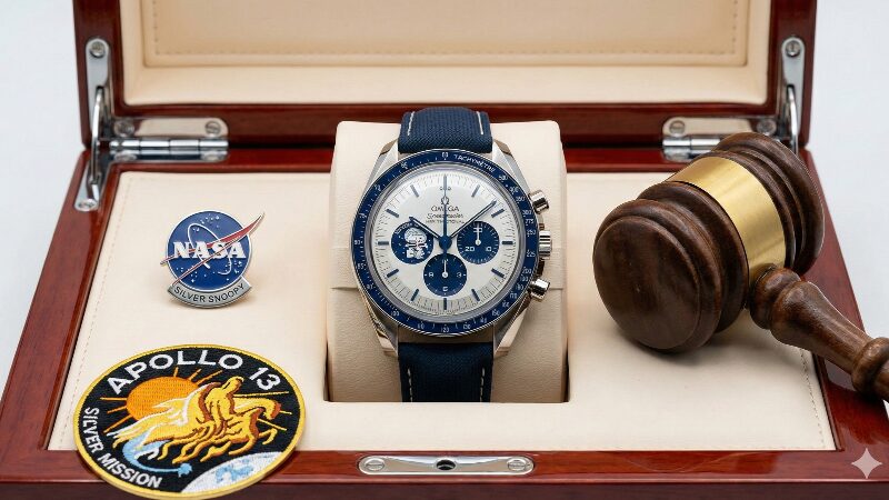 木製のコレクターズボックスに収められたオメガ スピードマスター「シルバー・スヌーピー・アワード」。横にはNASAのピンバッジ、アポロ13号のワッペン、オークションのハンマーが置かれている。